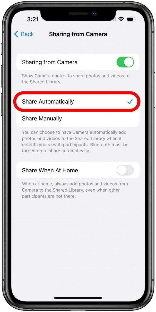 Shared Photo Library Sharing from Camera settings with Share Automatically option marked.