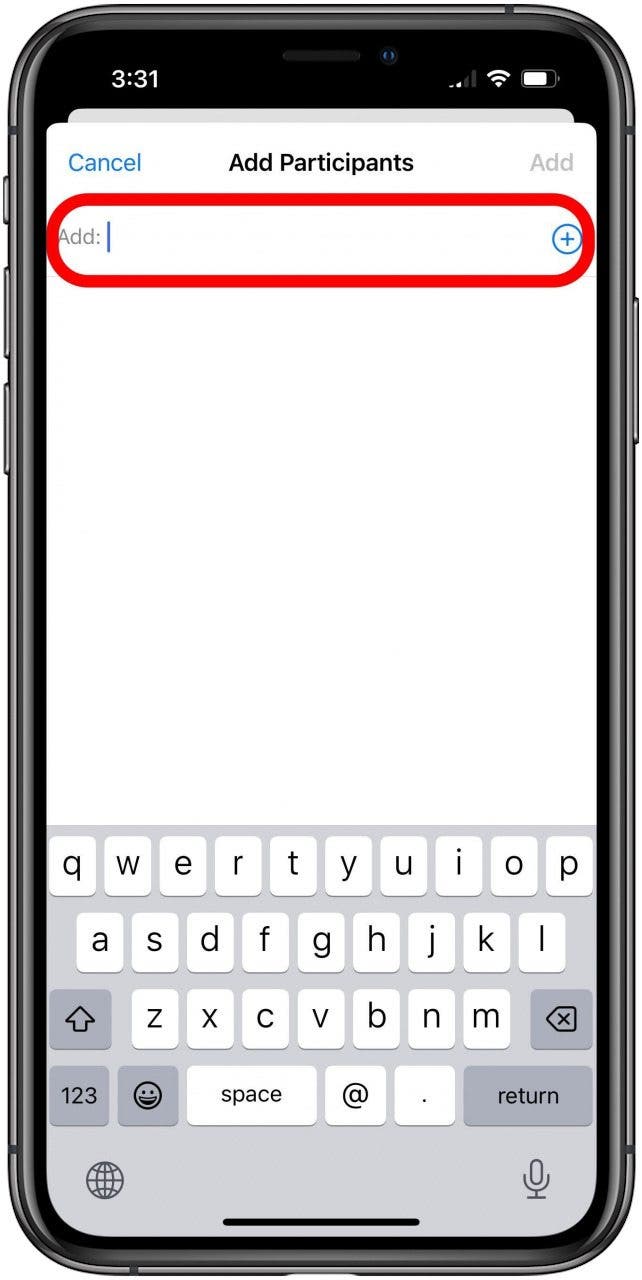 Shared Photo Library Add Participants search screen with Add field marked.