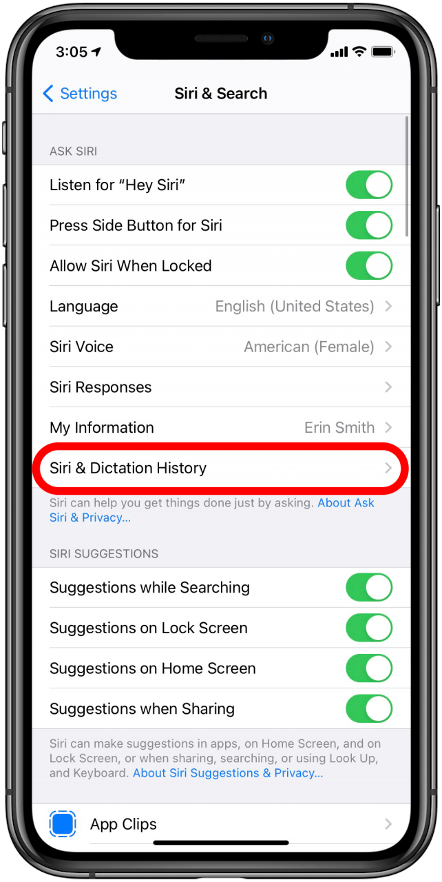 Tap on Siri & Dictation History