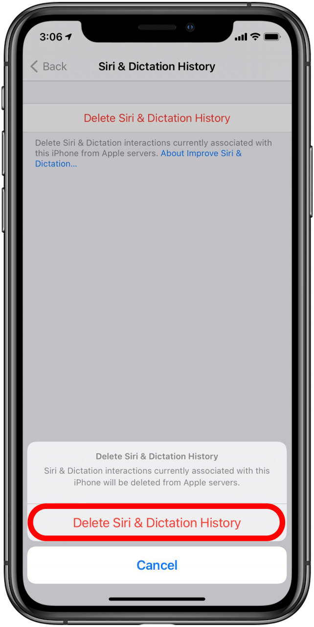 Confirm by tapping on Delete Siri & Dictation History at the bottom