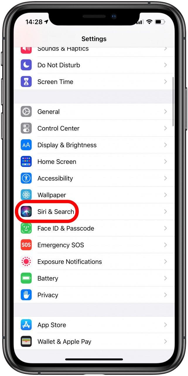 Siri and Search Settings on iPhone