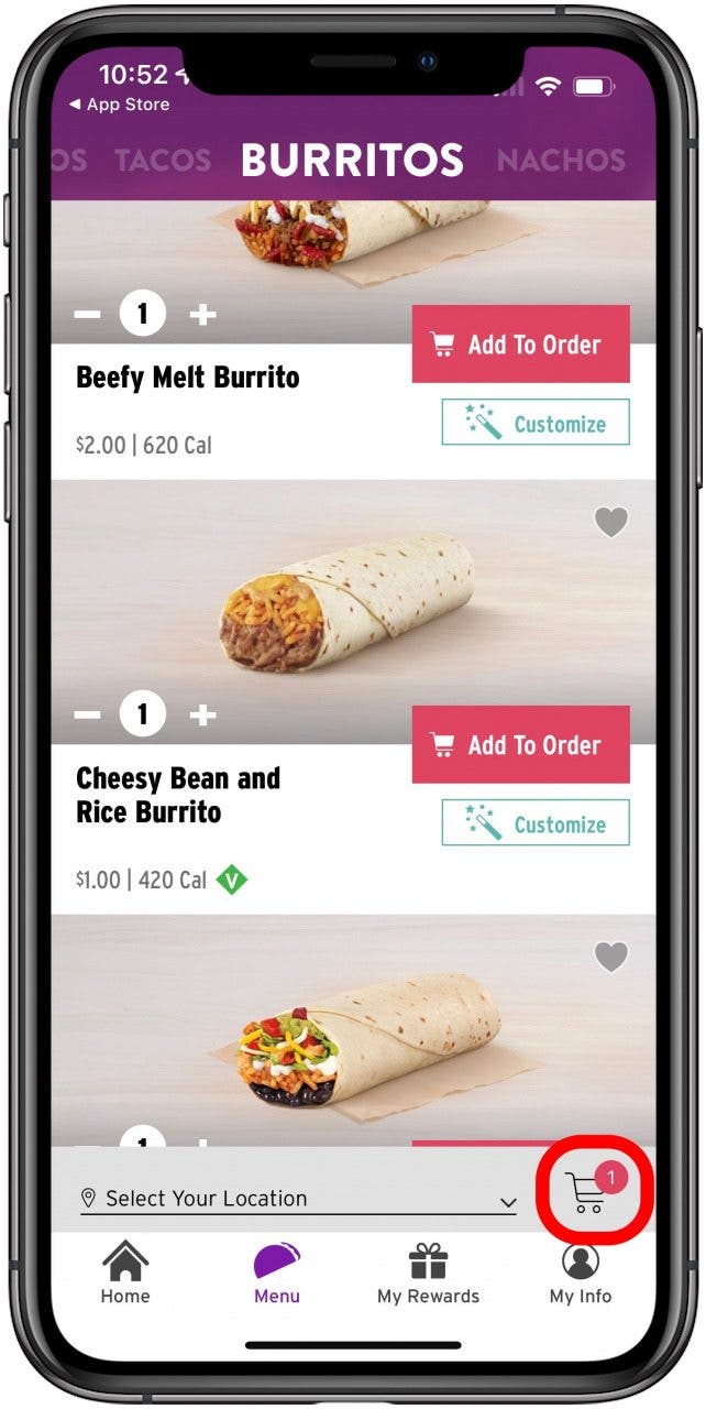 taco bell apple pay tap your cart icon