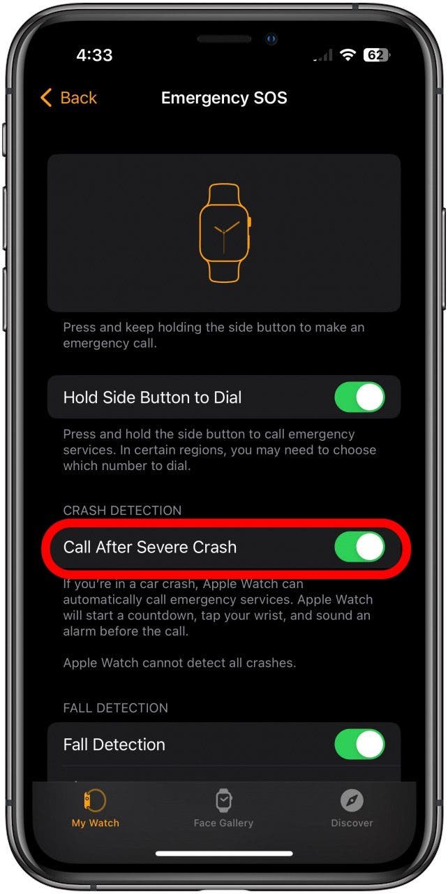 toggle on call after severe car crash apple watch car crash detection