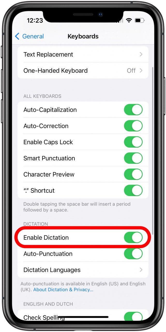 Toggle on Enable Dictation