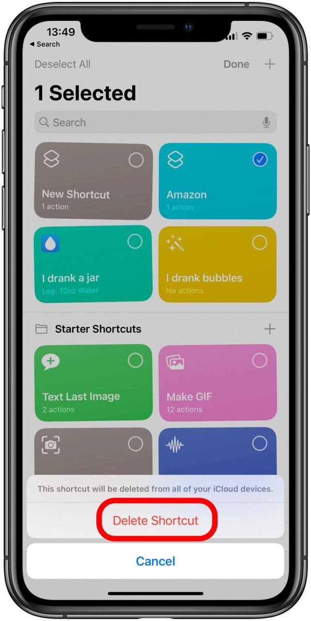 Delete a shortcut in My Shortcuts app