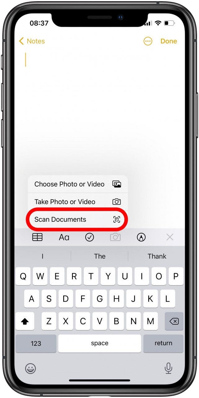 Select scan documents to scan a photo in the Notes app