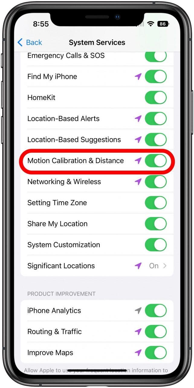 System Services screen for Location Services settings with Motion Callibration & Distance toggle marked.