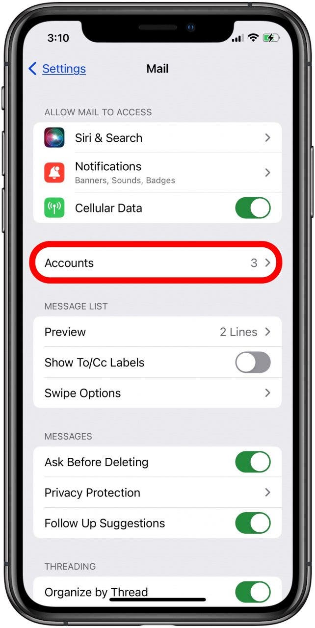 tap accounts to see all email accounts synced with iphone mail app