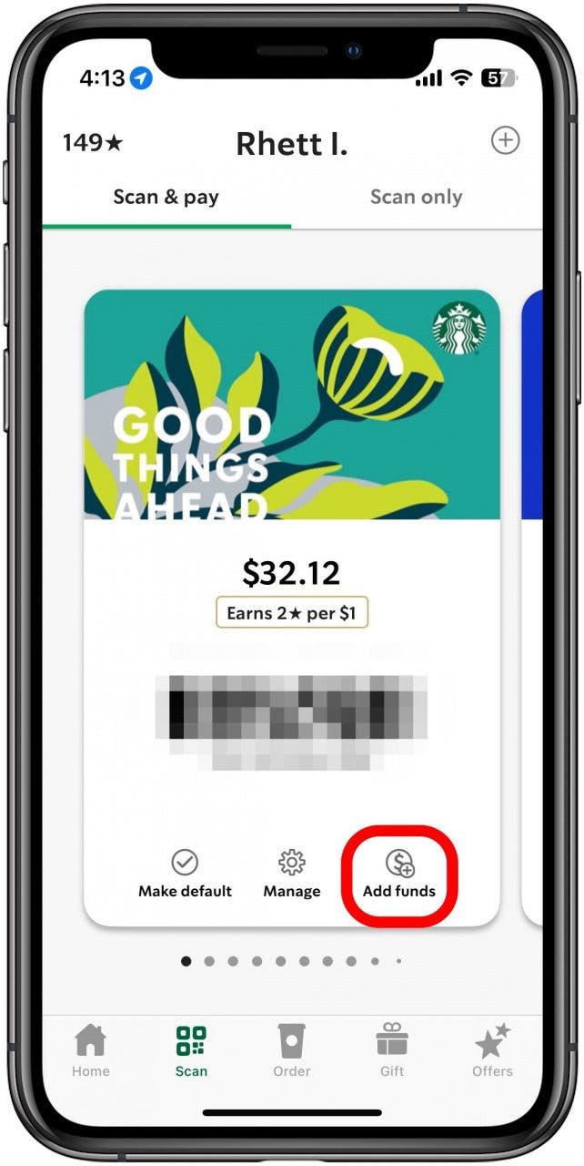 tap add funds to add money to starbucks card with apple pay