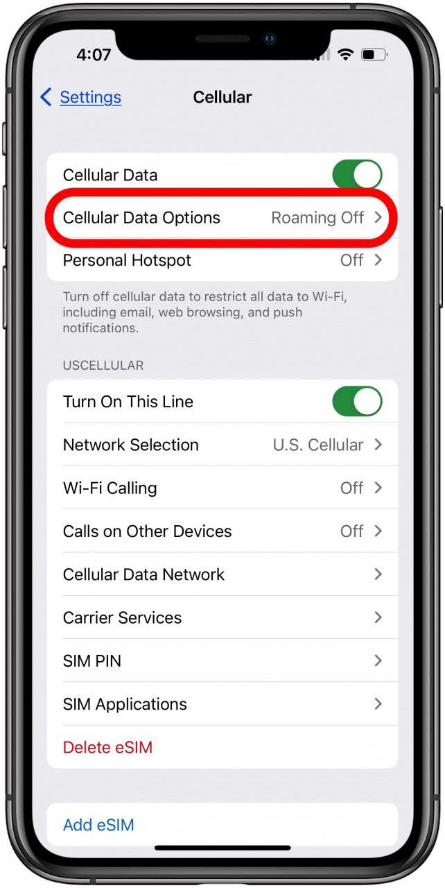 tap cellular data options to fix iphone voicemail
