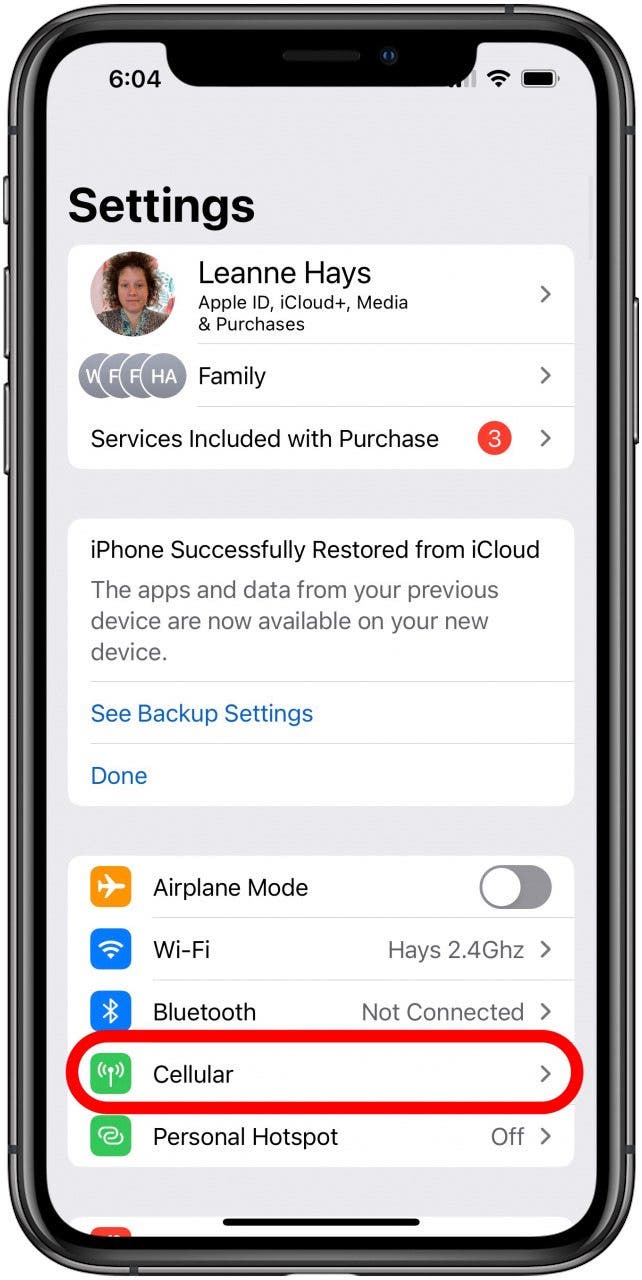 tap cellular in ipad or iphone settings