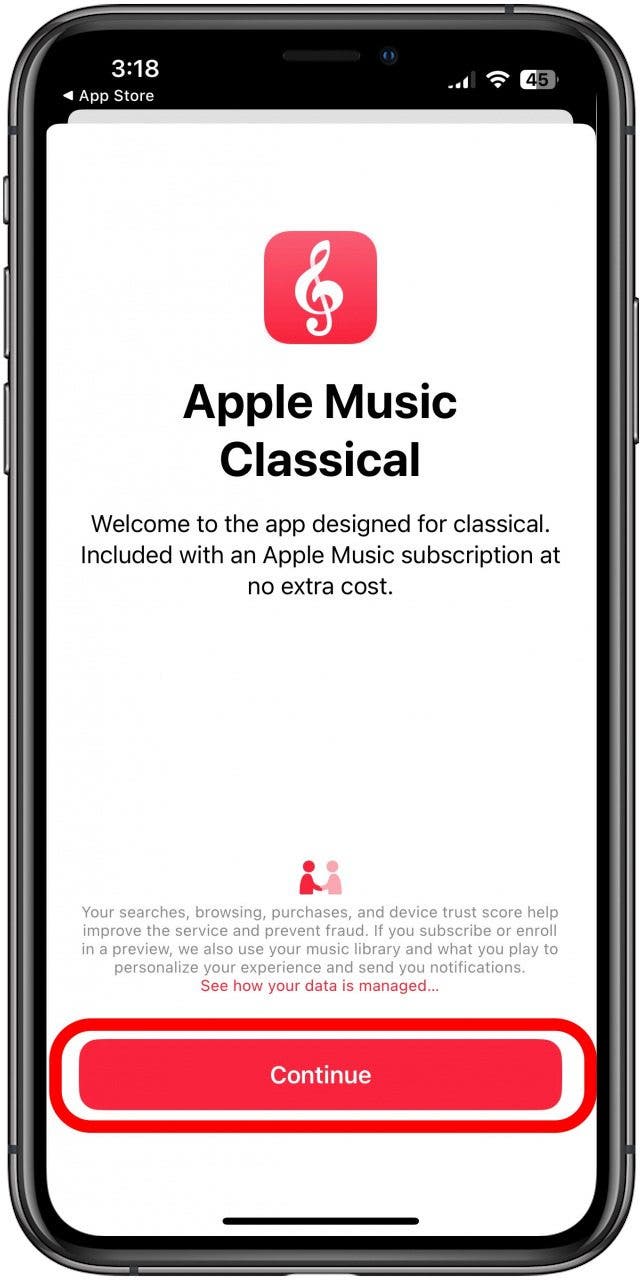 tap continue to open the apple music classical app