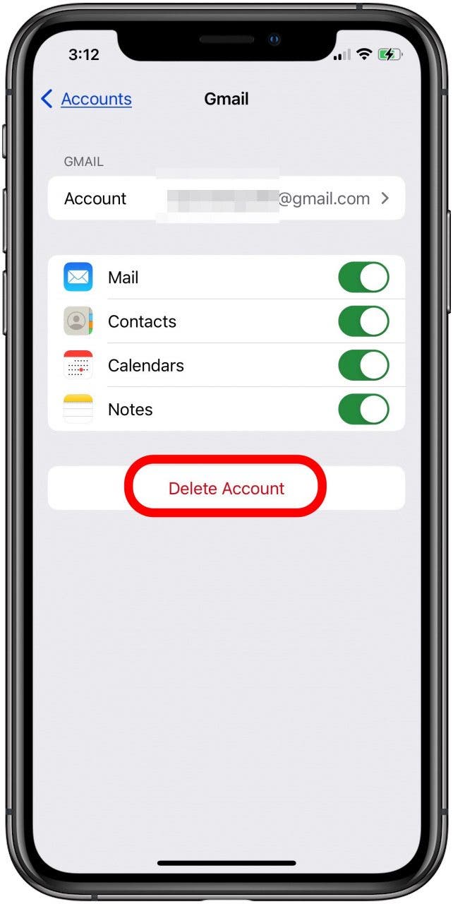 tap delete account to delete the email account