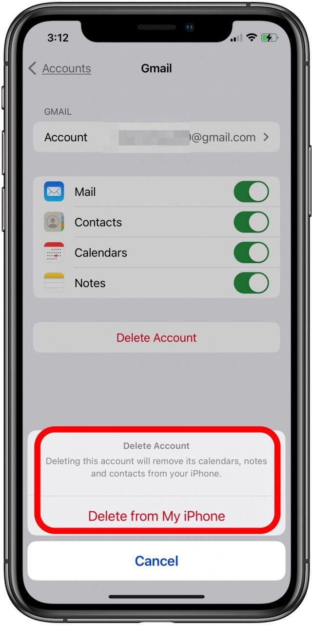 tap delete from my iphone to remove email from iphone