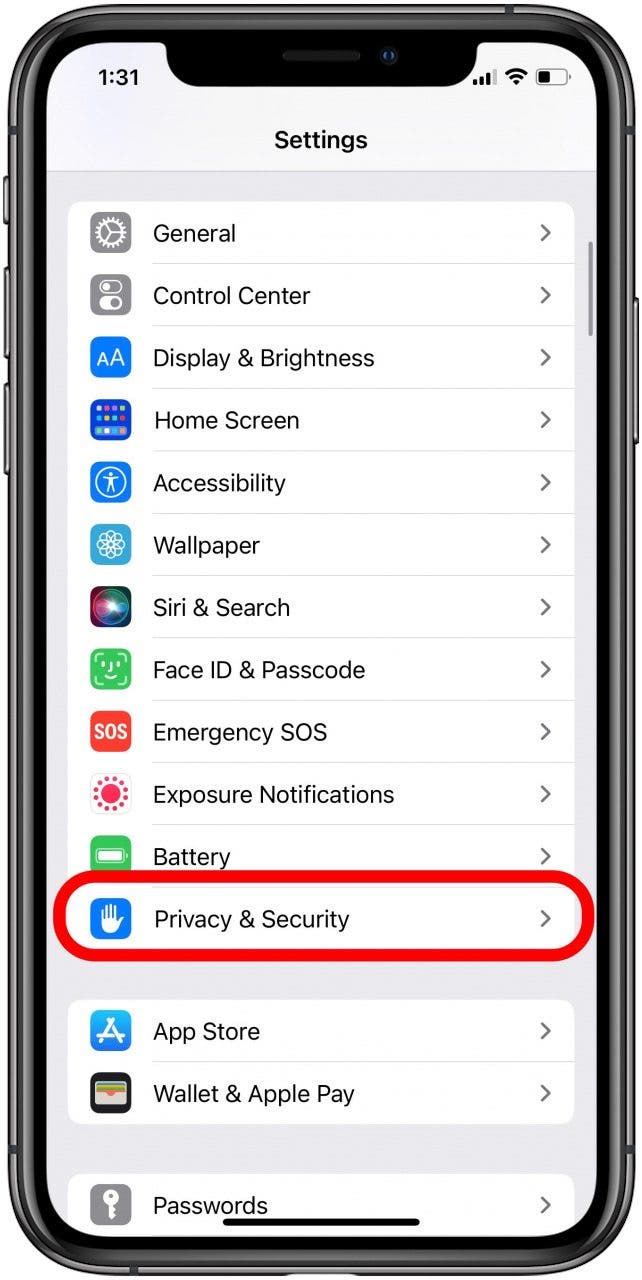 tap iphone security and privacy settings