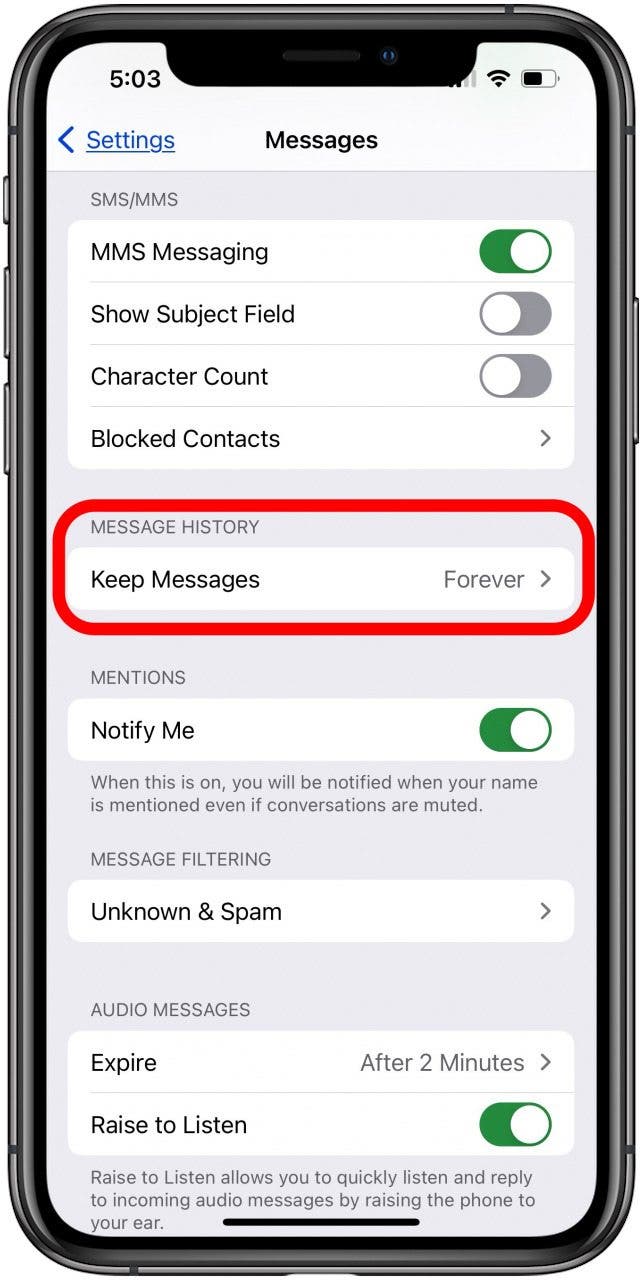 tap keep messages to choose how long to keep messages on iphone