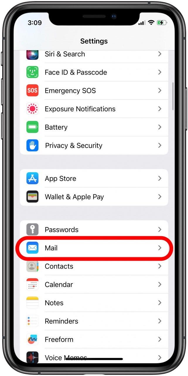 tap mail in ipad or iphone settings