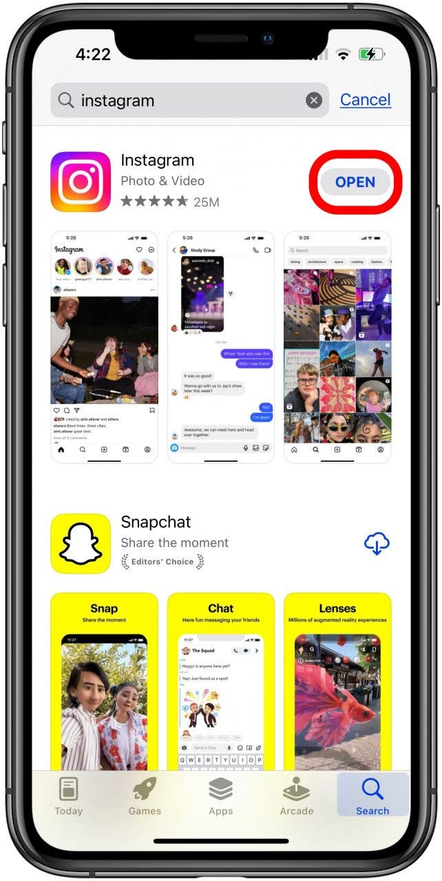 tap open if app is already on iphone