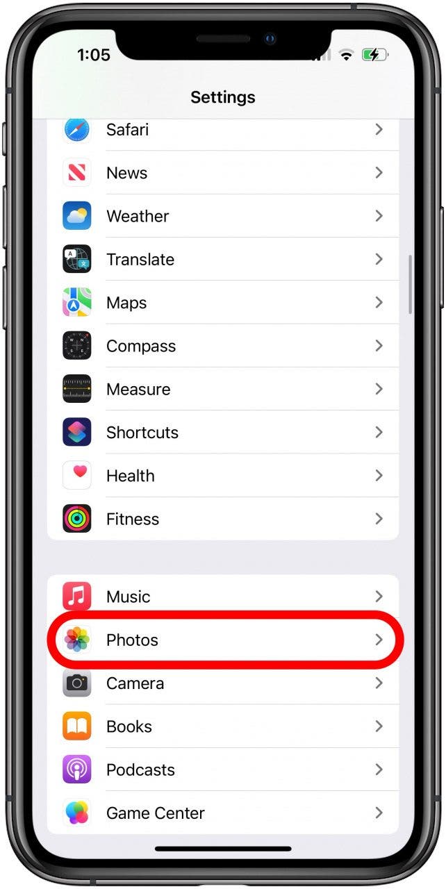 tap photos in iphone and ipad settings