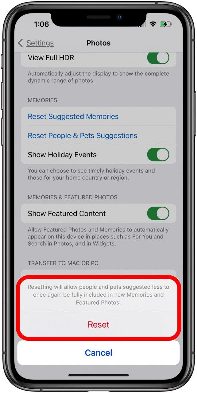 tap reset again to reset people and pets suggestions