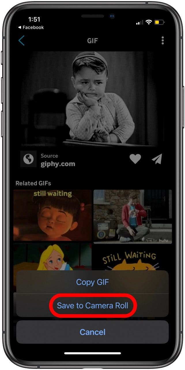 tap save to camera roll to save facebook gif