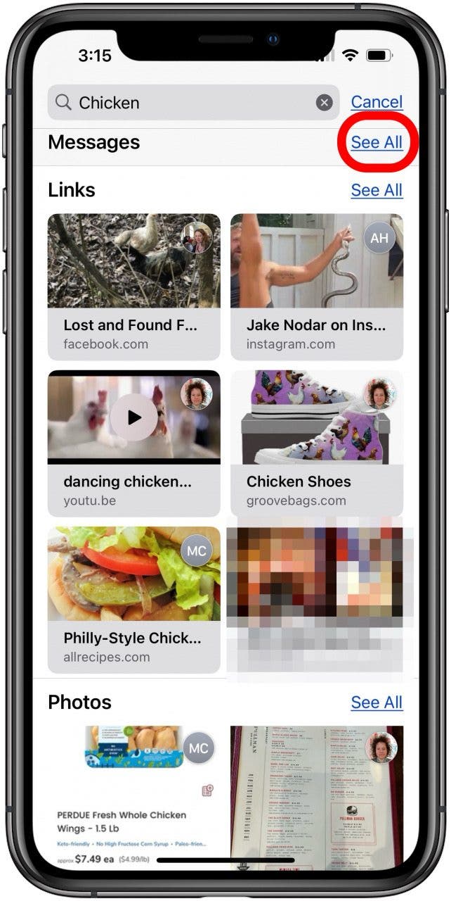 tap see all to see all imessage search results