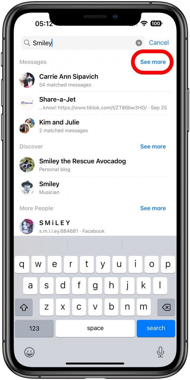 tap see more to search facebook messages