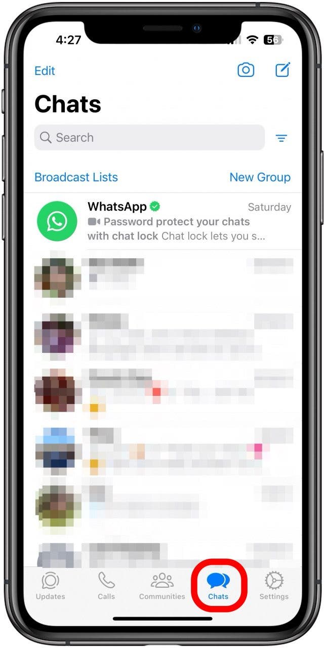 tap the chats tab to search whatsapp messages