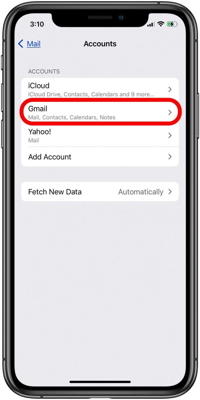 tap the email account you want to delete from iphone