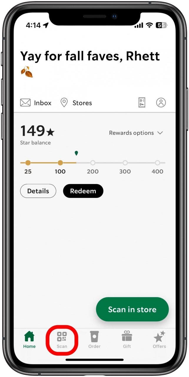 tap the scan tab to pay with starbucks app in store