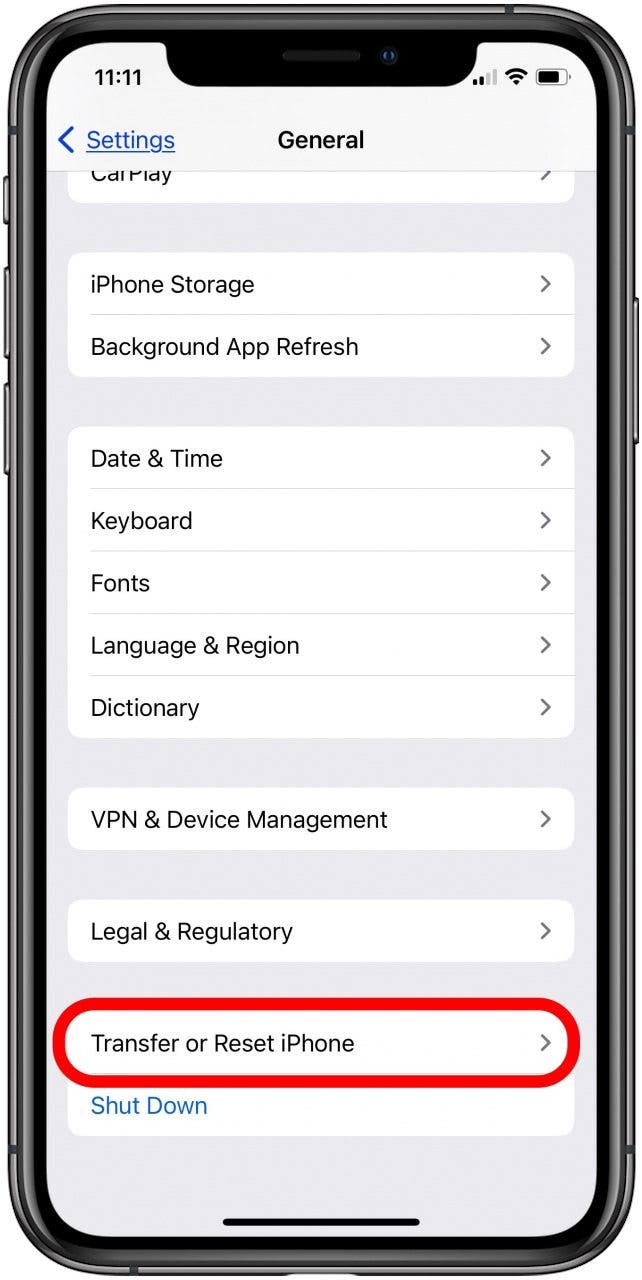 tap transfer or reset iphone