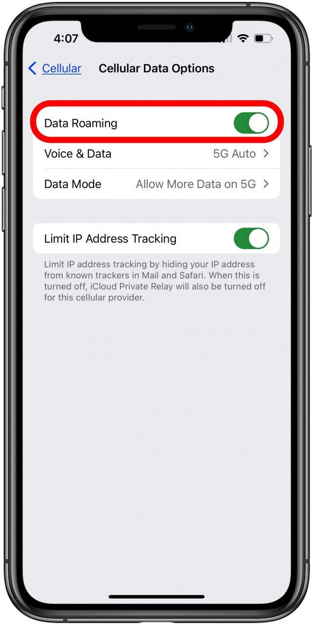 toggle on data roaming to fix iphone voicemail