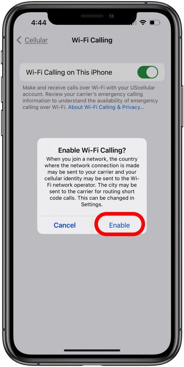 toggle on wifi calling on this iphone and tap enable