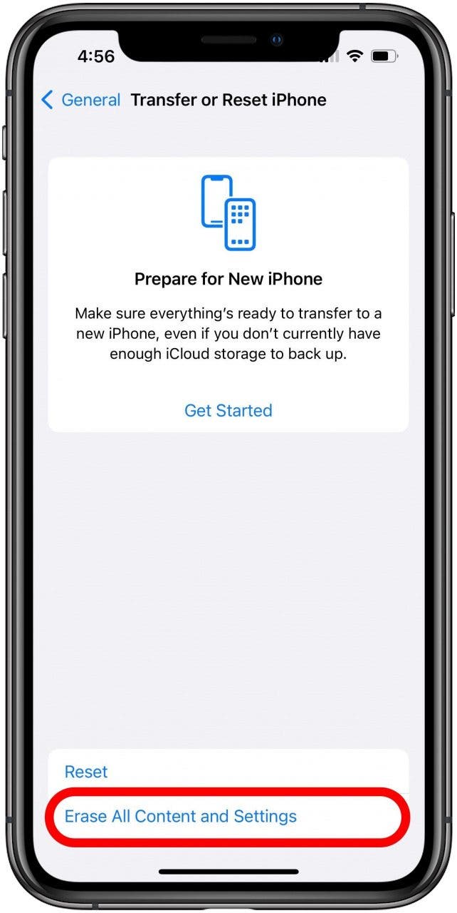 Transfer or Reset iPhone settings screen with Erase All Content and Settings option marked