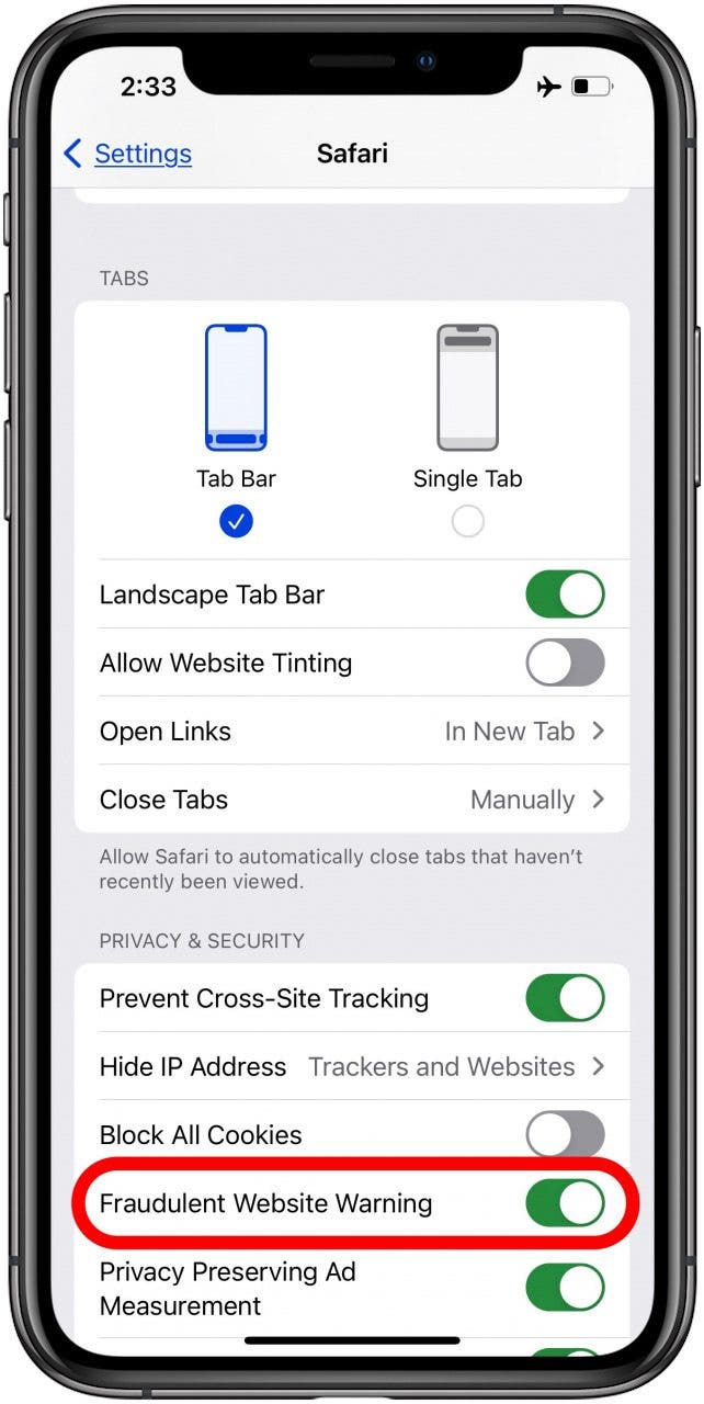 turn on fraudulent website warning to improve apple security alert