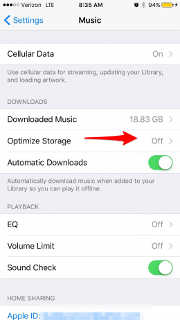 how optimize music storage iOS 10