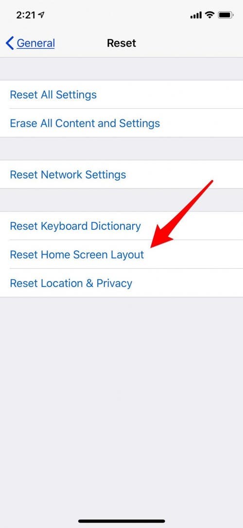 reset home screen layout iphone