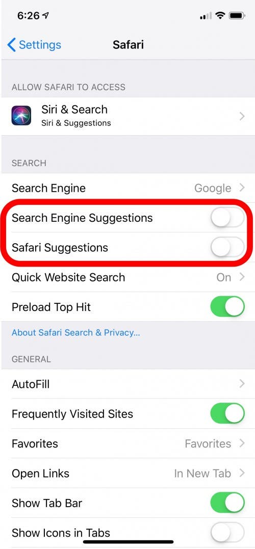 how to clear suggested searches on safari