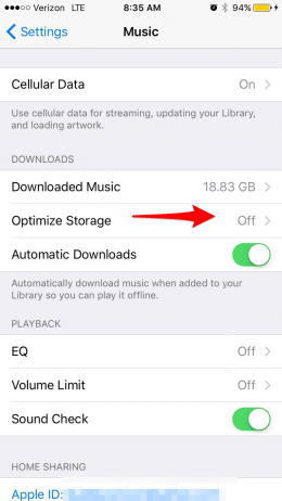 how optimize music storage iOS 10