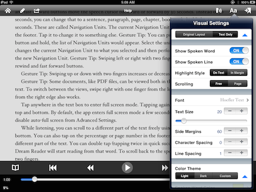 Arranging the look of the text in Voice Dream Reader