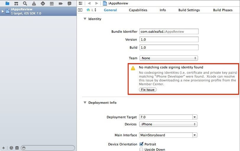 No matching code signing identity