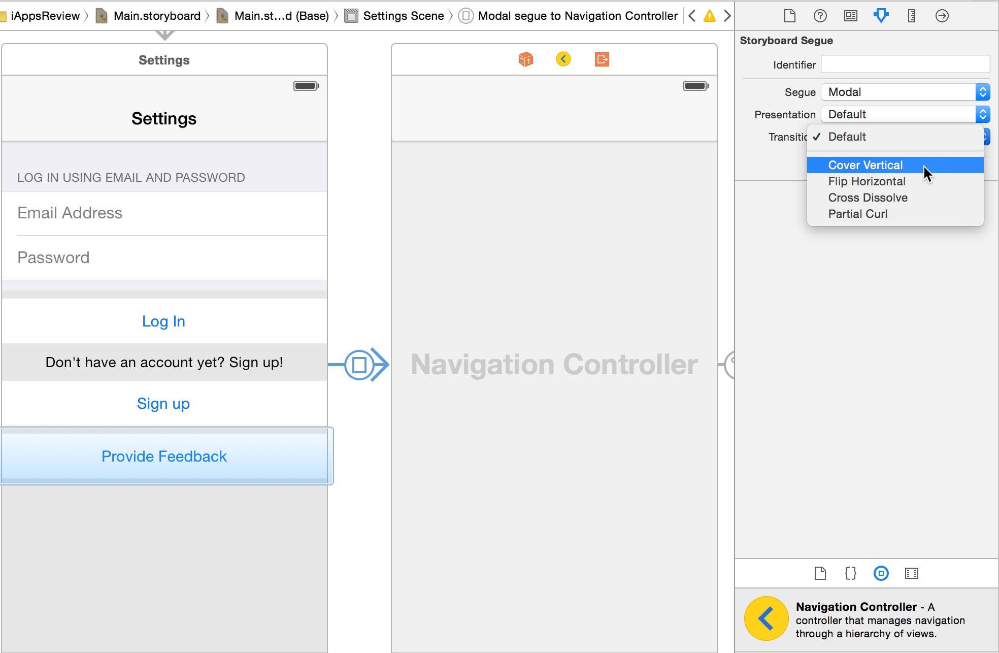 Change the modal segue's Transition attribute to Cover Vertical