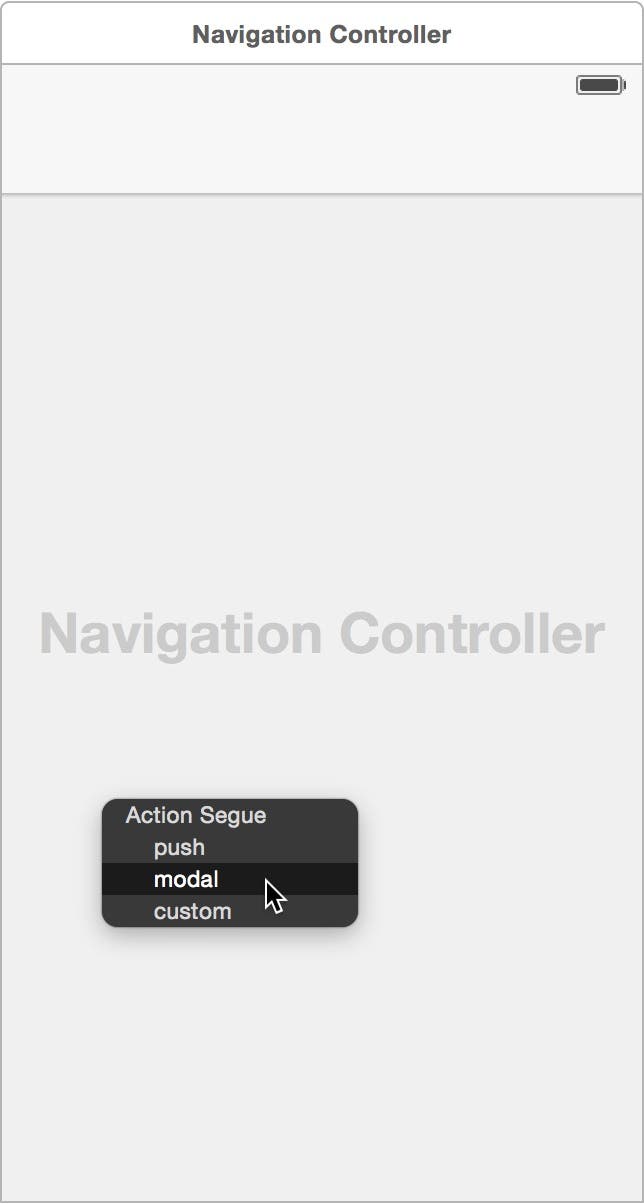 Select modal from the segue popup